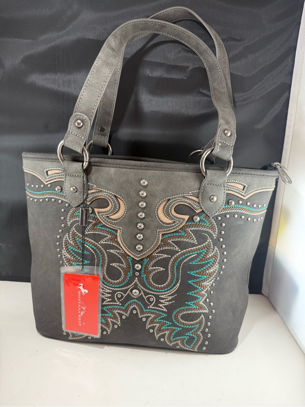 Montana West Gray Western Embroidered Studded Tote Shoulder Bag Turquoise Accent